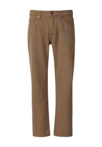 Männer gerade geschnittene braune Hose mit Fronttaschen, Gürtelschlaufen und Knopfverschluss, vor einem weißen Hintergrund präsentiert.