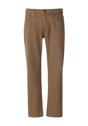 Pantaloni marroni dritti da uomo con tasche anteriori, passanti per la cintura e chiusura a bottone, esposti su uno sfondo bianco.