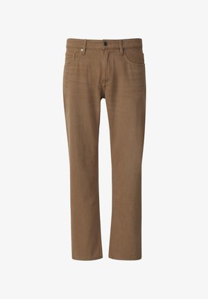 Heren straight-leg bruine broek met voorzakken, riemlussen en knoopsluiting, weergegeven tegen een witte achtergrond.