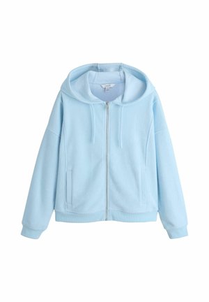 Svetlomodrá mikina na zips s dlhými rukávmi, prednými vreckami, kapucňou so sťahovacou šnúrkou a rebrovanými manžetami a lemom.