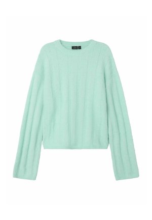 Mintgrüner Pullover mit geripptem Material, langen Ärmeln und Rundhalsausschnitt. Weiches, flauschiges Material mit einem cropped Design.
