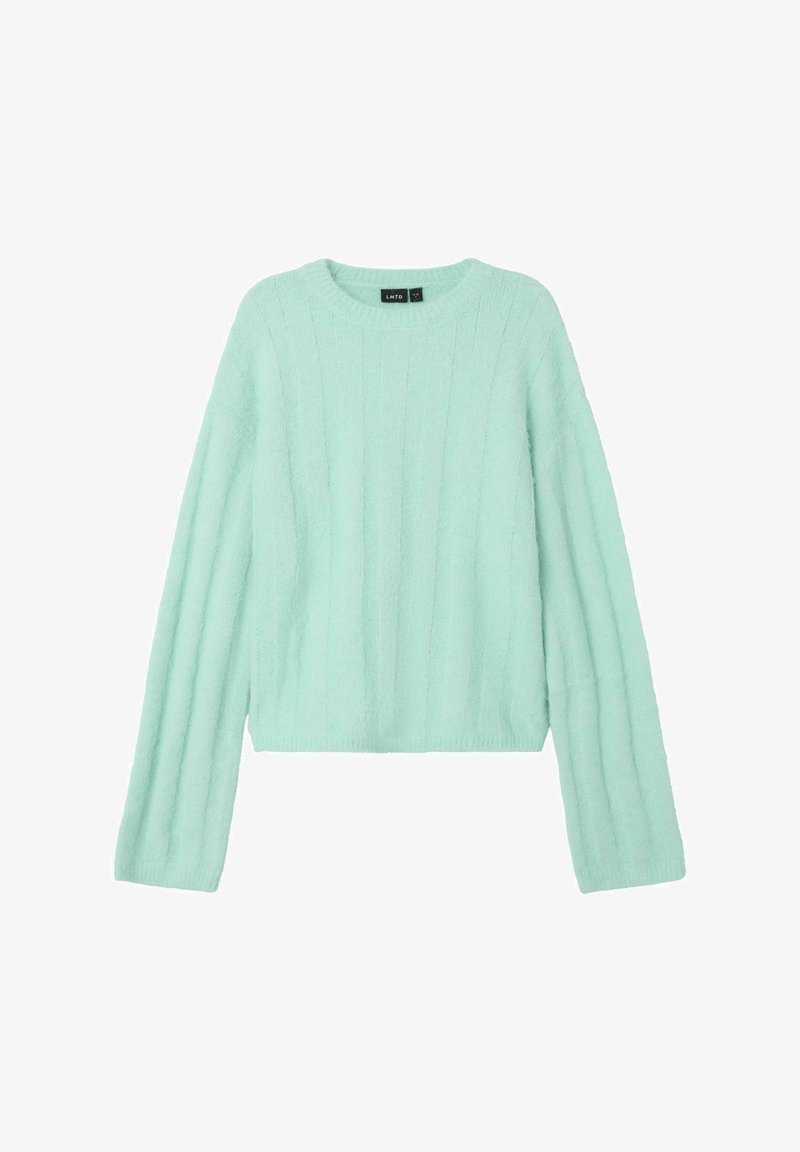 Mintgrüner Pullover mit geripptem Material, langen Ärmeln und Rundhalsausschnitt. Weiches, flauschiges Material mit einem cropped Design.