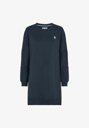 Mørkeblå sweatshirtkjole med lange ærmer, ribbet halsudskæring og røde striber på siderne. Har et lille broderet logo på brystet.