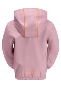 Lichtroze waterdichte jas met een verstelbare capuchon, oranje accenten, elastische manchetten en een koord in de zoom voor een veilige pasvorm.