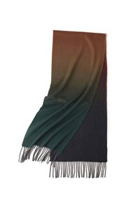 Écharpe en dégradé d'ombre allant du rouille au vert foncé, avec des bords frangés, fabriquée en tissu doux, présentant une texture lisse.