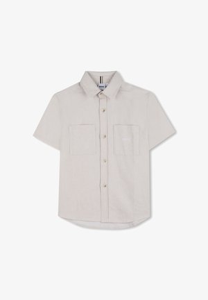 Korte mouwen, lichtbeige overhemd met knopen, gemaakt van gestructureerde stof, met twee voorzakken en een klein logo op de linkerzak.