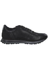 Scarpe sportive nere in pelle e suede, con superficie testurizzata, chiusura con lacci e suola in gomma robusta con battistrada.