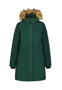 Parka impermeabile verde con cappuccio foderato in pelliccia sintetica, chiusura frontale con zip, tasche laterali e maniche lunghe con polsini a maglia.