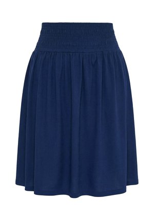 Laivastonsininen polvipituinen hame, jossa on smokkielastinen vyötärö ja kerätty kangas virtaavaa siluettia varten.