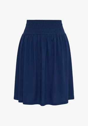 Gonna blu navy al ginocchio con vita elastica arricciata e tessuto raccolto per una silhouette fluida.