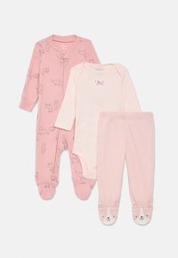 Three-piece baby outfit set in soft pink. Includes a footed onesie with cat prints, a striped bodysuit, and matching pants with paw prints.