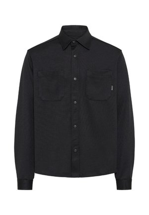 Mustast pikkade varrukatega särk-jakk, millel on terav krae, eest trukid ja kaks rinnataskut, valgel taustal.