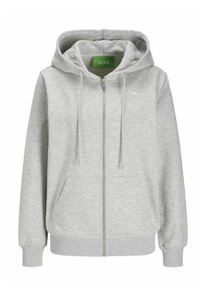 Sudadera con cremallera en gris claro, fabricada en un tejido suave, que cuenta con una capucha ajustable y bolsillos frontales. Incluye un sutil logo en el pecho.