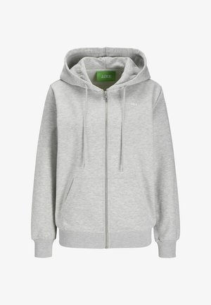 Lys grå hettegenser med glidelås laget av myk stoff, med snor i hetten og frontlommer. Inkluderer en subtil logo på brystet.