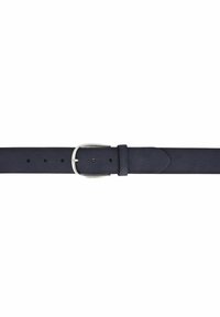 Marineblaue Leder-Gürtel mit einer silbernen Metallschnalle, die mehrere Löcher zur Anpassung aufweist und eine glatte, matte Oberfläche hat.