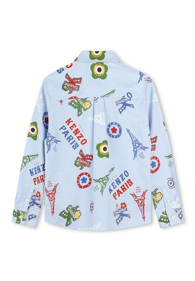 Lichtblauwe button-up shirt met een verscheidenheid aan kleurrijke graphics, waaronder de Eiffeltoren, bloemen en de tekst "KENZO PARIS." Katoenen stof.