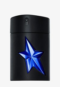 Flacon de parfum rectangulaire noir avec un design étoile bleu brillant à l'avant. Texture lisse et capuchon arrondi avec un vaporisateur.