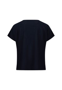 Navyblaues T-Shirt mit kurzen Ärmeln, lässigem Schnitt und glatter Textur. Die Rückseite hat einen runden Ausschnitt und minimalen Details.