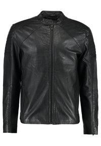 Black leather jacket with a zippered front, stand collar, and ribbed shoulder details; features long sleeves and two side pockets.
