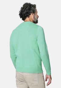 Suéter verde claro de manga larga, cuello redondo y textura de punto. Combinado con pantalones beige claros.