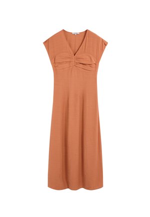 Midi-jurk in roestkleur met V-hals, kapmouwtjes en geplooide details over de buste, met een losse, vloeiende pasvorm.