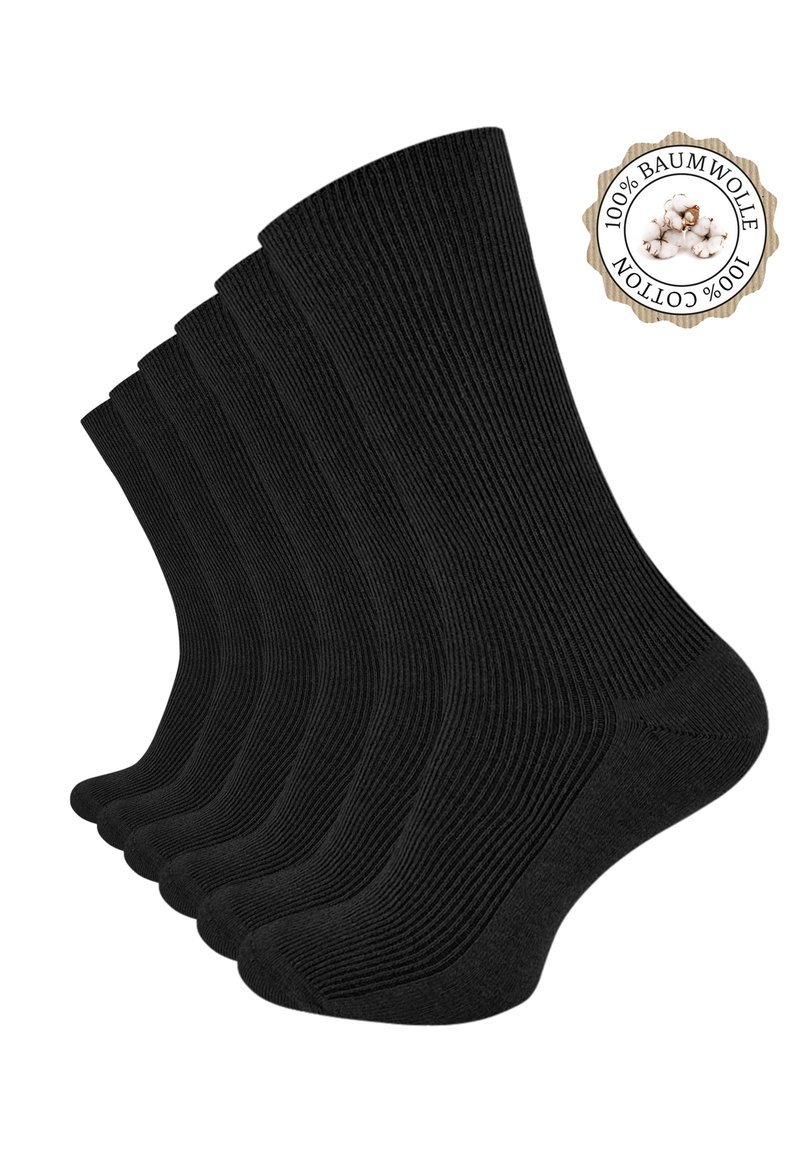 Calzini neri in cotone, design a costine, confezione da cinque. Caratterizzati da punte e talloni rinforzati, tessuto morbido e un'etichetta che indica 100% cotone.