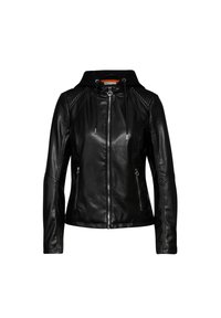 Giacca in pelle nera con cappuccio, dotata di chiusura lampo frontale e tasche, dettagli texturizzati sulle spalle e una vestibilità aderente.