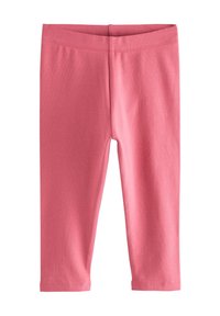 Pink leggings made of soft, stretchy cotton blend. Features an elastic waistband and a smooth texture, with a fitted design to the ankles.