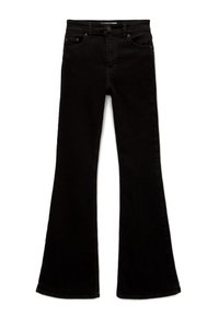 Jeans évasés noirs en denim, dotés d'une taille mi-haute, d'un design à cinq poches et de détails de couture subtils. Texture lisse sur toute la surface.