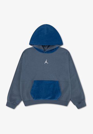Blå hættetrøje med tekstureret blå forlommer og hætte, hvidt Jumpman-logo på brystet, lange ærmer, lagt fladt ud.