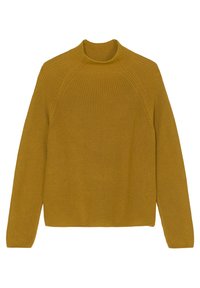Pull en tricot jaune moutarde à manches longues et col rond montant, présenté à plat sur un fond blanc.