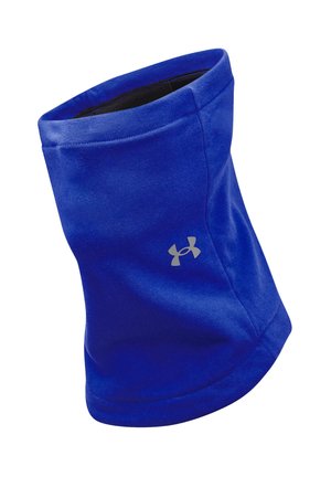 Gaiter da collo blu realizzato in tessuto morbido, con una trama liscia, parte superiore arrotondata e un piccolo logo argentato sul lato anteriore.