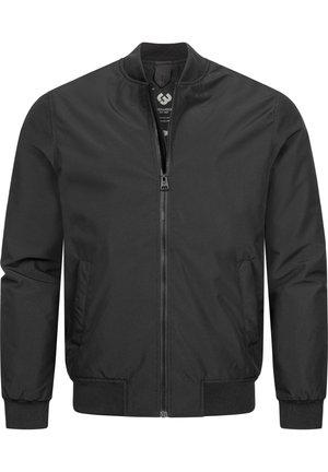 Giacca bomber nera con cerniera frontale, colletto, polsini e orlo a costine, e due tasche laterali.