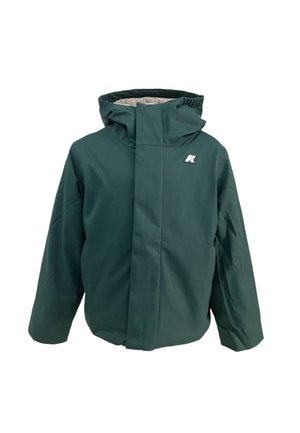 Giacca invernale verde scuro con cappuccio, zip frontale coperta da una patta e piccolo logo bianco sul petto sinistro.