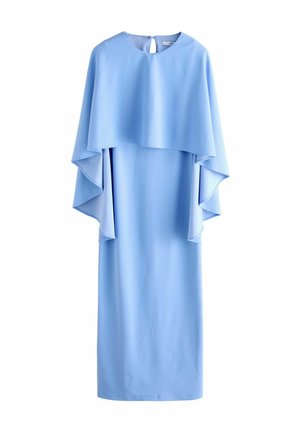 Blue dress with a layered cape design, round neckline, and keyhole back. Smooth fabric with a flowing silhouette and soft draping.