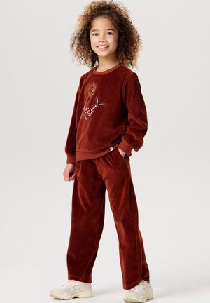 Ensemble de survêtement en velours couleur rouille comprenant un sweatshirt à col rond avec un motif animal brodé et un pantalon avec taille élastique assorti.