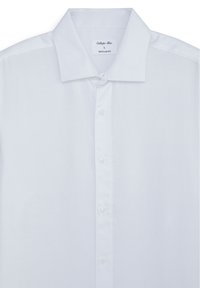 Chemise blanche en coton à boutons, avec une coupe classique, dotée d'un col classique et d'une texture douce, avec cinq boutons ronds à l'avant.