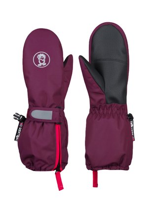 Pair of maroon winter mittens with black textured palm grips, adjustable wrist straps, and pink zipper pull tabs.
