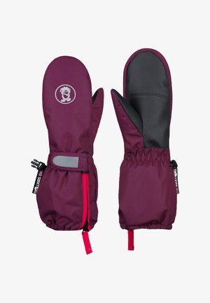Pair of maroon winter mittens with black textured palm grips, adjustable wrist straps, and pink zipper pull tabs.