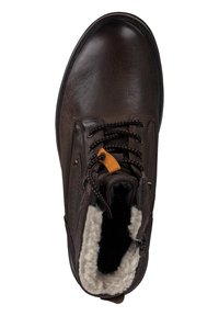 Brown leather ankle boot with textured surface, contrasting orange accent, black laces, and a soft white lining visible at the opening.