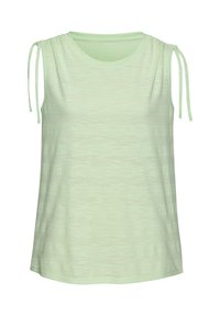 Light green sleeveless top with a textured finish. Features drawstring details on the shoulders and a relaxed fit for comfort.
