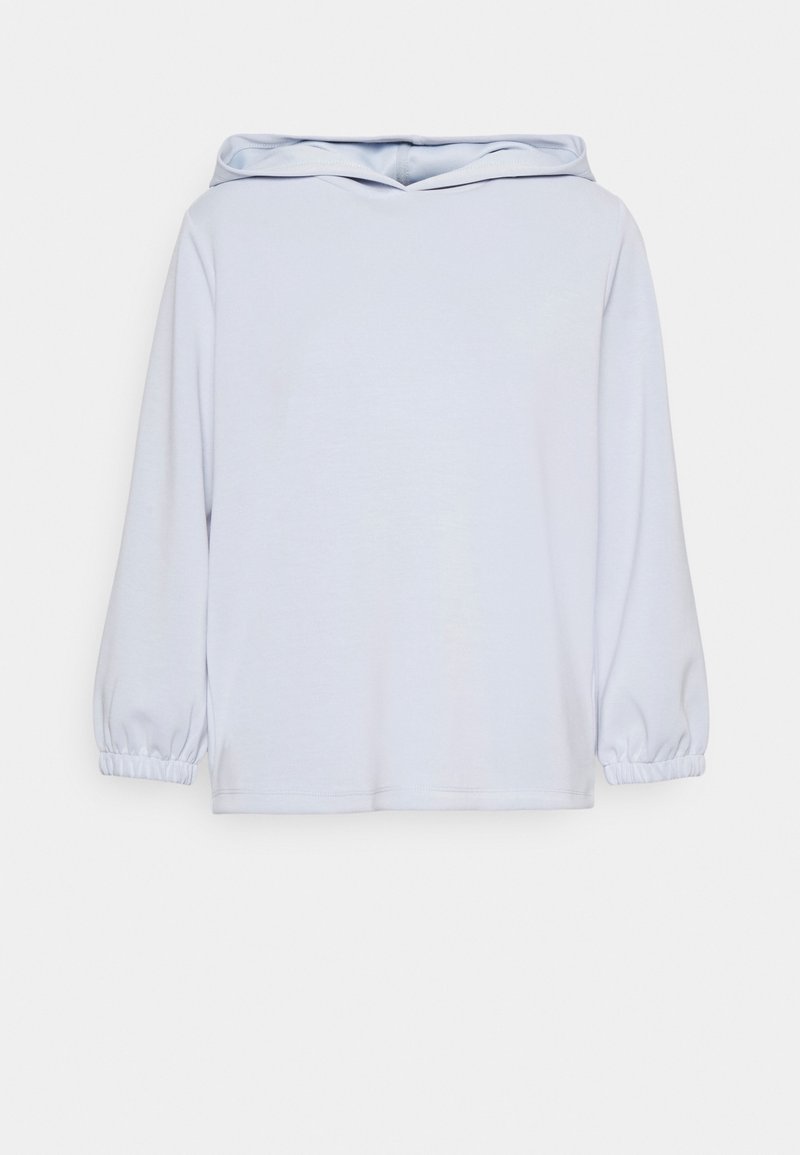 Sweat à capuche bleu clair à manches longues avec poignets élastiques, coupe ample et capuche sans cordons visibles, présenté sur un fond uni.