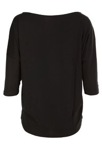 Black, loose-fitting top with a boat neckline and three-quarter sleeves. Soft fabric, smooth texture, and straight hem at the back.