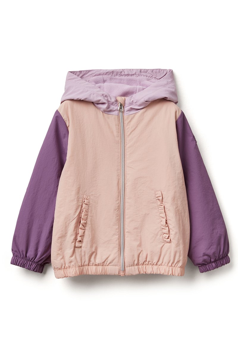 Giacca leggera con cappuccio, dotata di chiusura a zip, corpo rosa pallido e maniche viola con polsini elasticizzati e tasche laterali arricciate.
