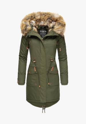 Olijfgroene parka jas met een nep bont capuchon, rits- en drukknoopsluiting, trekkoord in de taille en twee voorzakken met metaalaccenten.