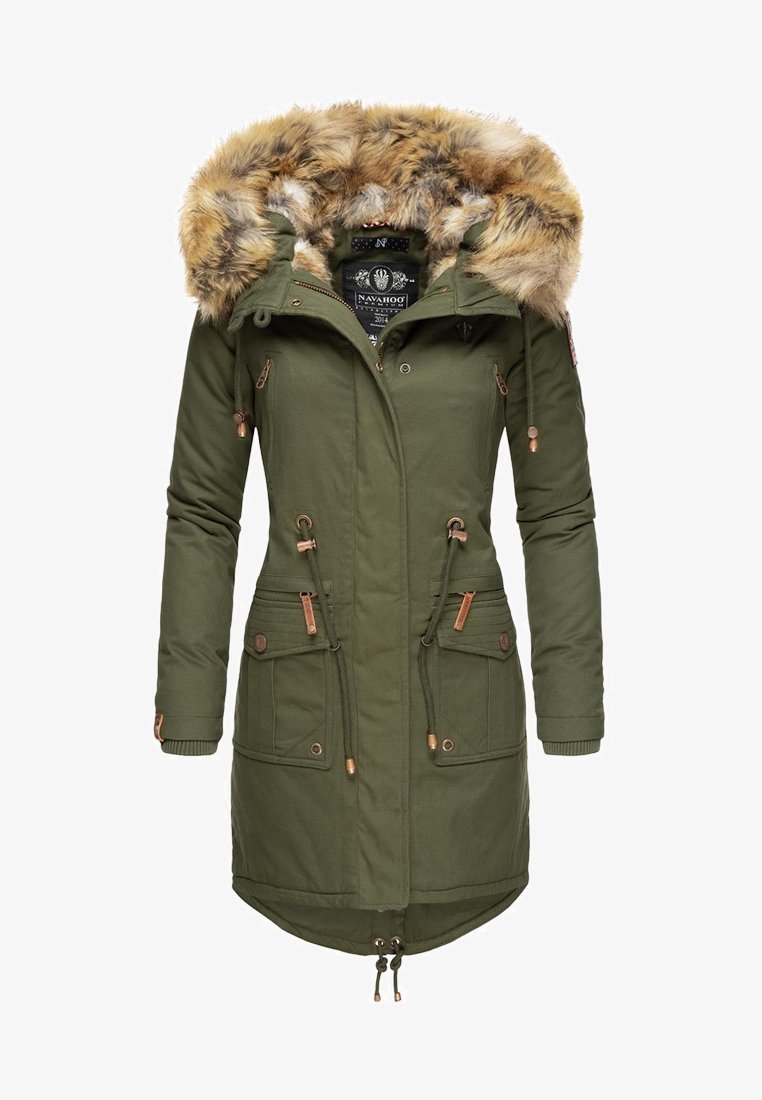 Olive green parka jacket with a faux fur hood, zip and snap closure, drawstring waist, and two front pockets with metal accents.