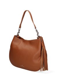 Borsa a tracolla in pelle marrone con una sola cinghia e frange decorative sul lato, che mette in mostra una texture liscia e un design elegante.