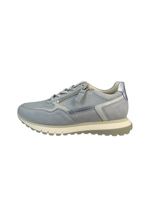 Light blue suede sneaker with a smooth texture, features decorative zippers, a rubber sole, and grey accents. Classic athletic design.