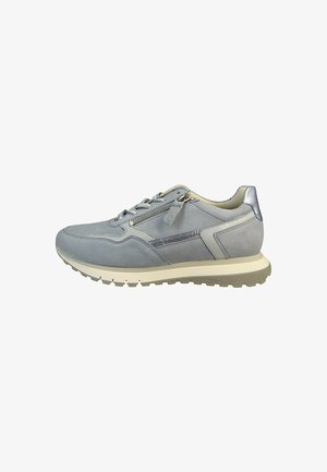 Light blue suede sneaker with a smooth texture, features decorative zippers, a rubber sole, and grey accents. Classic athletic design.