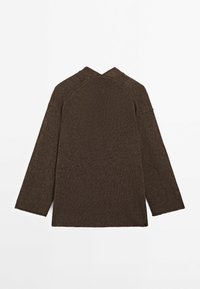 Dark brown long-sleeve knit sweater laid flat, showing back side with raglan sleeves and a simple, plain design.